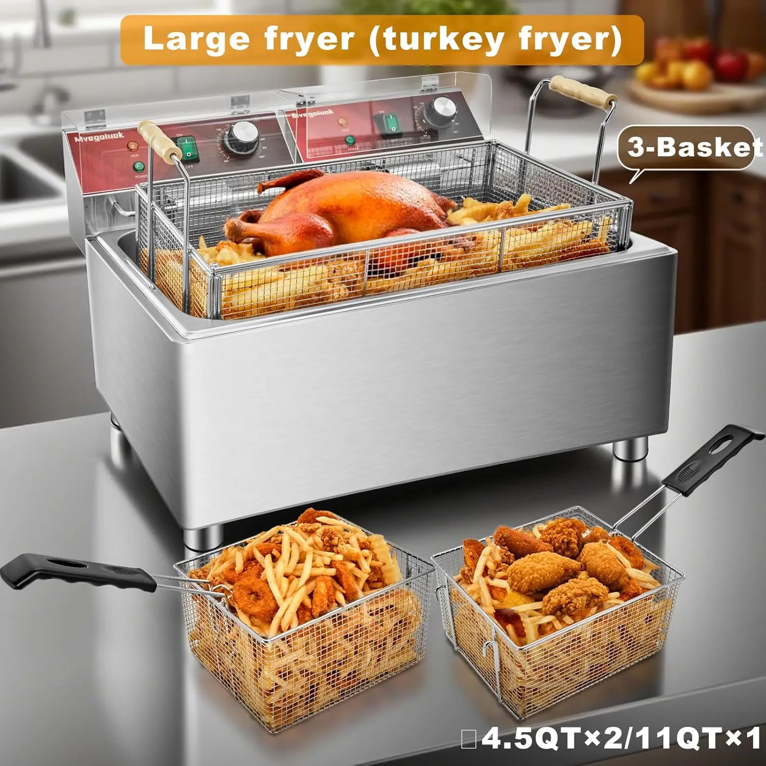Electric Large Deep Fryer With 3 Basket 3600W Commercial Turkey Fryer Pot With Oil Filtration Lid 25QT Stainless Steel