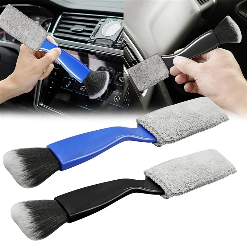 2Pack Double Head Brush for Car Clean,2 in 1 Car Interior Duster,Car Air Vents Dashboard Screen Clean Brush, Black+Blue