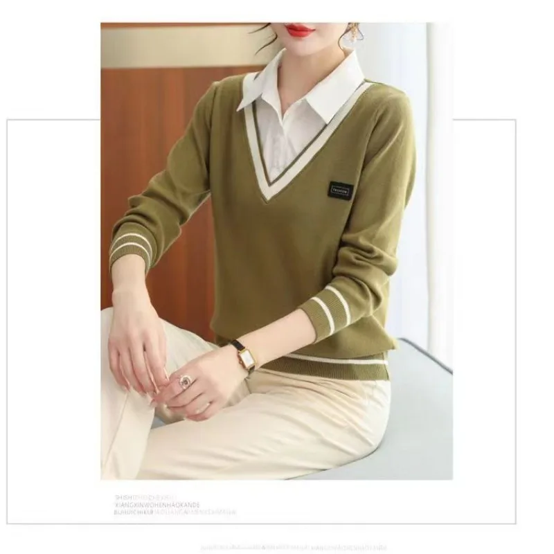 

Women's Autumn Winter Patchwork Turn-down Collar Solid Pullover Button Striped Long Sleeve Sweater Knitted Undershirt Tops