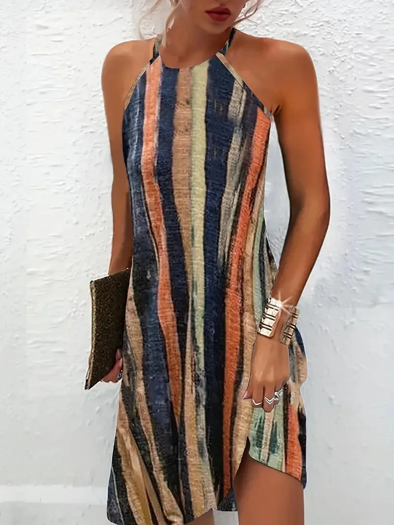

Retro Ethnic Style Fashionable Printed Women's Clothing New Lace Up Hanging Neck Off Shoulder Casual Loose Short Dress