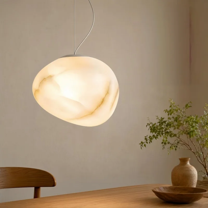 Matte Acrylic Pendant Lamp Hand Painted Faux Marble Vein Built In Warm White LED Bulb Adjustable Hanging Wire Egg Shape Modern