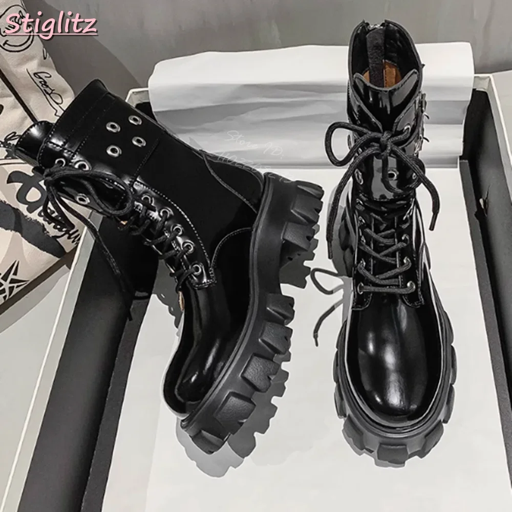 

Belt Buckle Motorcycle Boots Round Toe Thick Sole Lace-up Ankle Boots Height Increasing Punk Shoe Side Zipper 2025 British Style