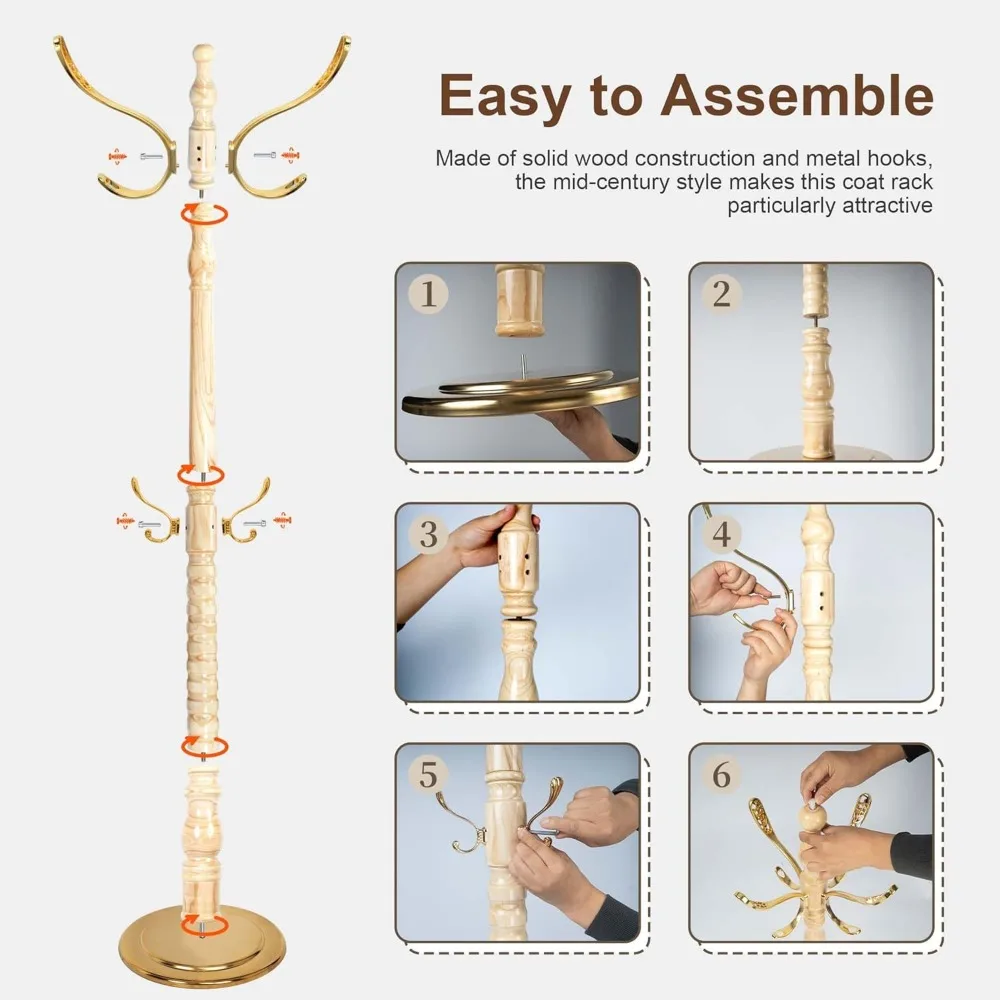 حامل معطف من الخشب الصلب على الطراز العتيق مع 14 خطافًا، قاعدة معدنية شديدة التحمل قائمة بذاتها، ارتفاع قابل للتعديل لمعاطف التعليق #6