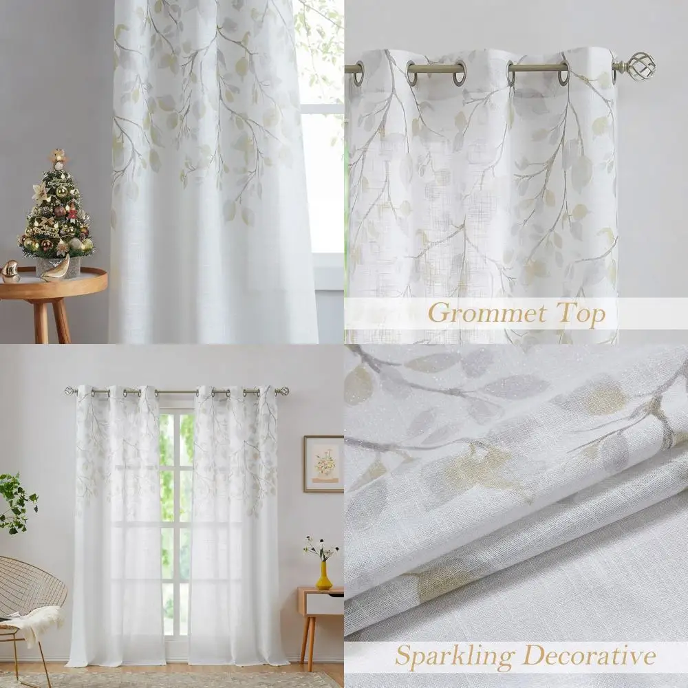 

Yellow Metallic Sheer Linen Curtain Panels with 6 Grommets, 40 x 95, Set of 2 for Rustic Sparkling Decor