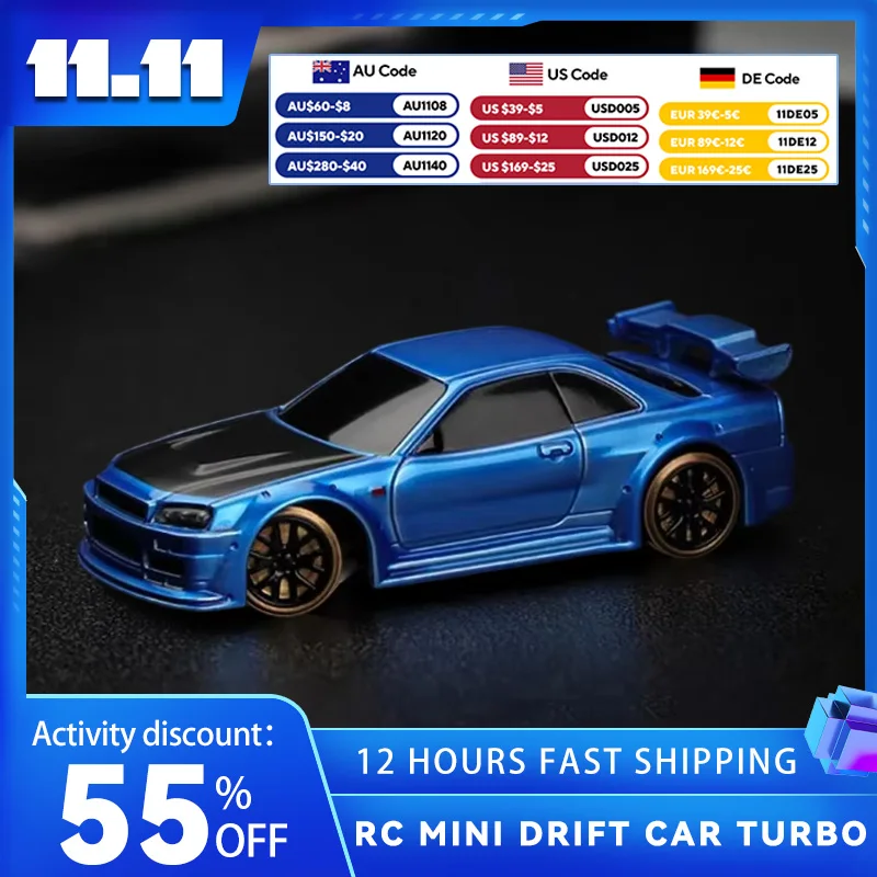 1/76 RC Mini Drift Car TURBO RACING Wyścigi z napędem na tylne koło Wbudowane metalowe obciążniki dla chłopców Prezent Tryb RTR