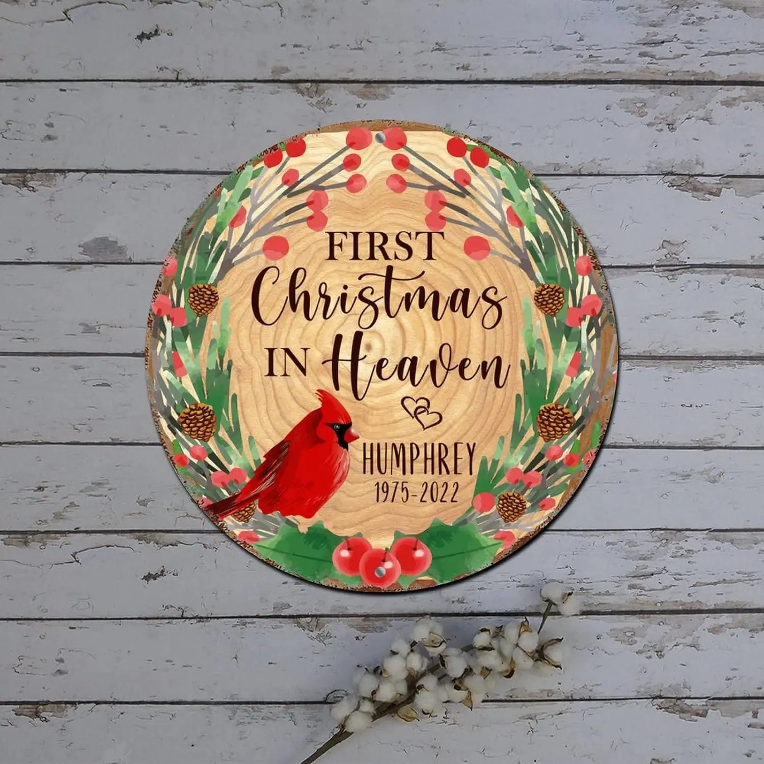 Metal Tin Christmas Signs First Christmas in Heaven Cardinalis Poinsettia Round Metal Tin Sign Christmas Wall Decorations Shabby