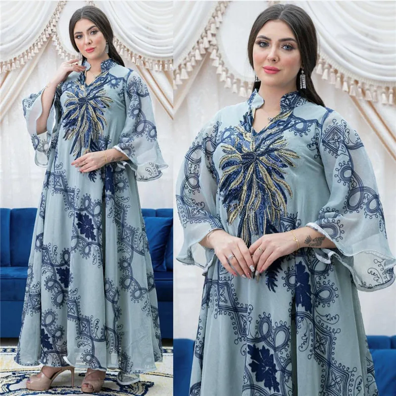 

Sequins Embroidery Abayas for Women Eid Mubarak Evening Party Dresses Djellaba Marocain Kaftan Dubai Abaya Muslim Dress Ramadan