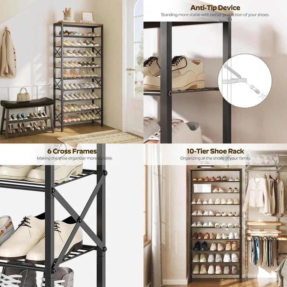 

10-Tier Large Shoe Storage Organizer, Holds 40 Pairs, Durable for Entryway, Hallway, Closet, Dorm, Rustic Brown