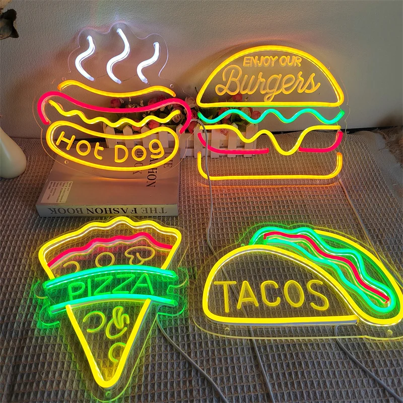 Led Neon Sign Hot Dog Pizza Ice Cream Restaurant Shop Open Decorations Holiday Party Wedding Night Light Home Wall Bar Christmas