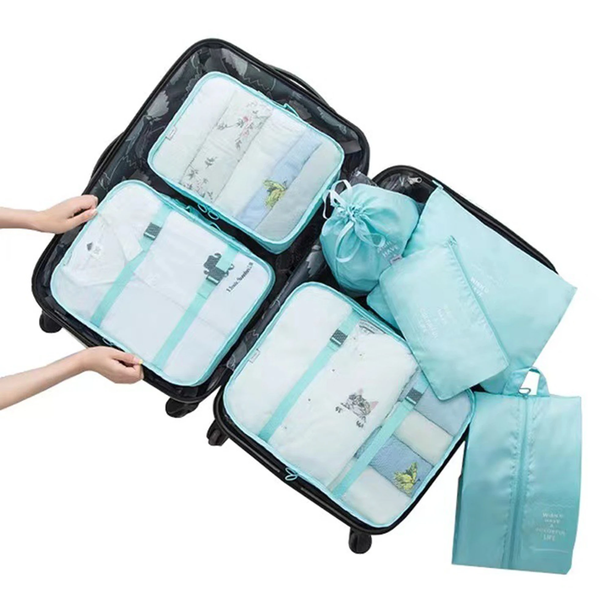 7pcs Set Travel Packing Cubes, Portable Mesh Luggage Storage Bag, Underwear Clothes Organizer Bag With Shoes Bag