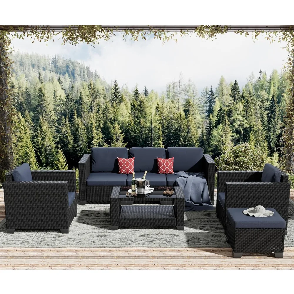 

7 Piece Patio Furniture Set, Outdoor Furniture Patio Sectional Sofa, All Weather PE Rattan Outdoor Sectional with Blue Cushion