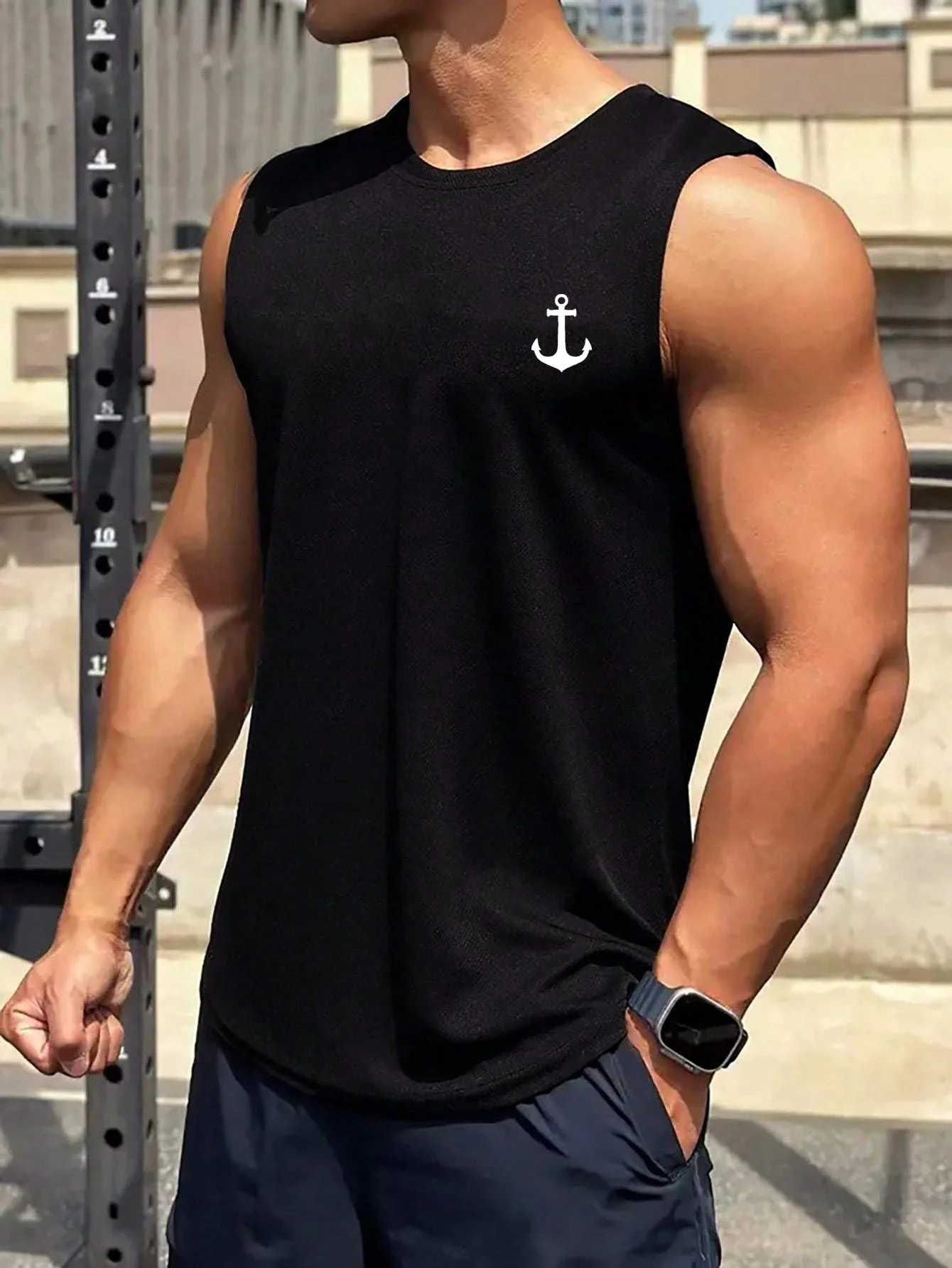 Men's summer casual sports fitness loose boat anchor pattern printed comfortable and breathable round neck sleeveless vest