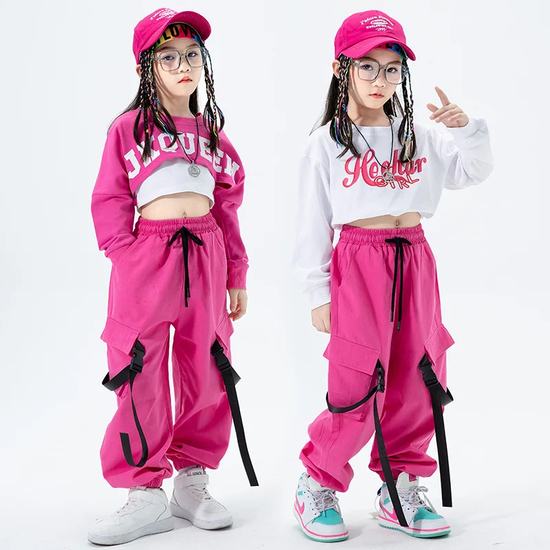 Ensemble haut court et pantalon Cargo pour filles, style Hip Hop, rose, princesse, jogging, Streetwear, Costume de Jazz pour enfants, danse de rue