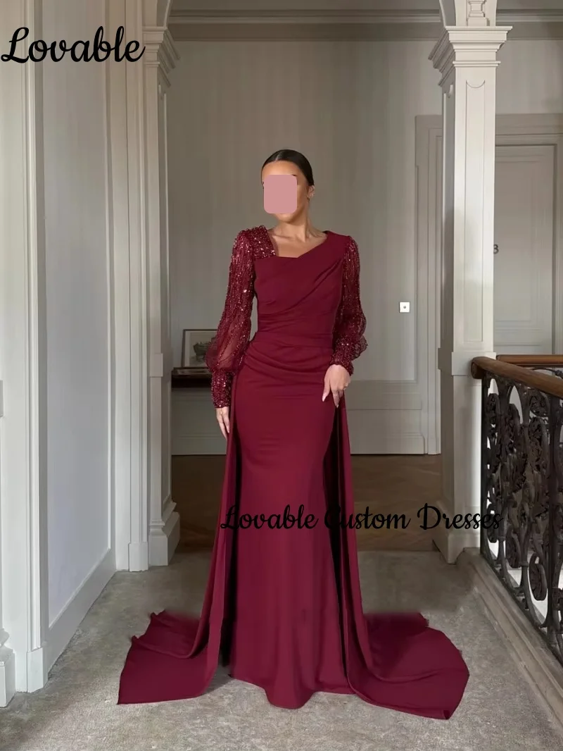 فستان سهرة نسائي A-lijn met vierkante halslijn, vloerlengte, ruches, formele gelegenheidsjurken, ritssluiting, lange mouwen, bruiloft