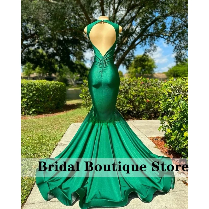 Personalizado africano verde escuro sereia vestido de baile apliques diamantes frisado preto meninas vestido de noite vestido de festa