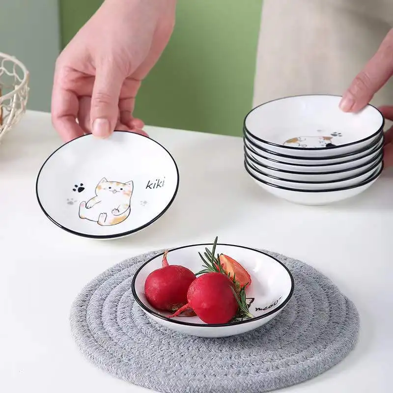 6Pcs/set Cute Cat Mini Heart Shaped Pigments Ceramics Soy Dish Sauce Vinegar Jam Dishes Kitchen Small Plate Set Tableware Gifts