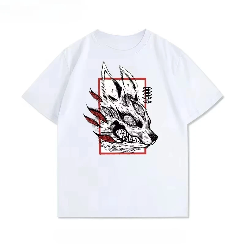 Camiseta unissex de anime motosserra, reinado de grandes dimensões, caçador de demônios, estampado, algodão pesado, respirável, manga curta