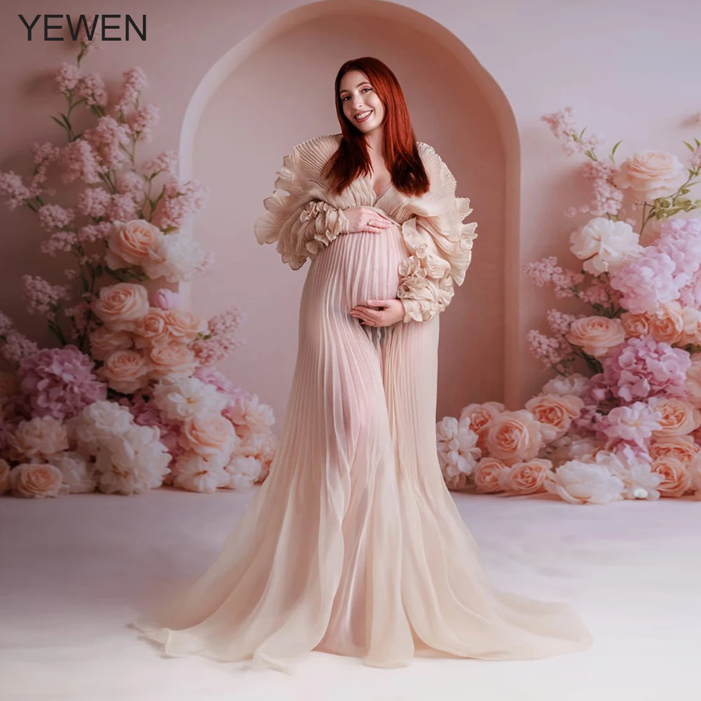

Elegant V-Neck Pleated Organza Maternity Maxi Dress for Photoshoot Baby Shower Dress Flowy Pregnancy Photo Photoshoot Gown
