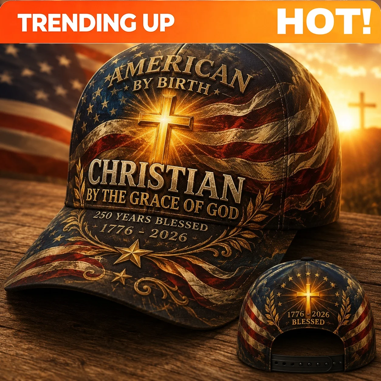 Customization Men's Adjustable Baseball Cap With Cross Flag & Sunset Print - Full-Body Streetwear Suitable For Outdoor Travel, C