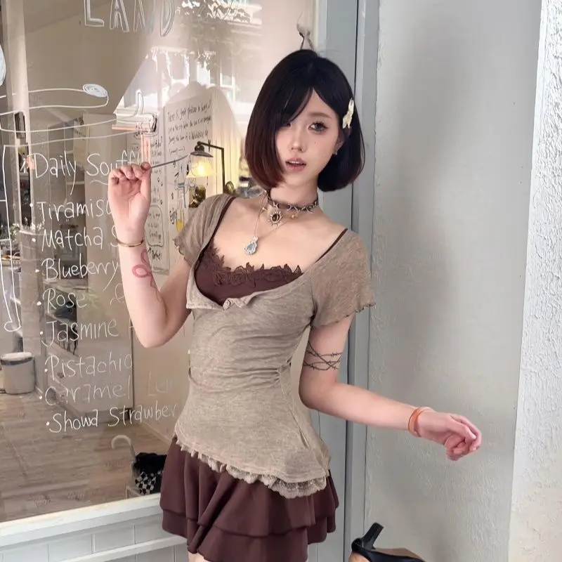 

2026 Summer Women Y2K Sexy 2 Piece Outfit Crop Cover Up Top & High Waist Bodycon Dress Slim Fit Matching Set For Party