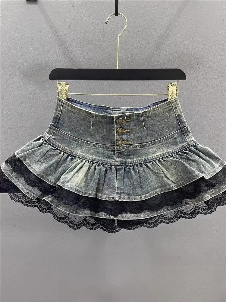 Summer Women Vintage Hottie Denim Pleated Skirt Lace Fold Design A-line Mini Skirt American Spicy Girl Korea New Fashion Clothes