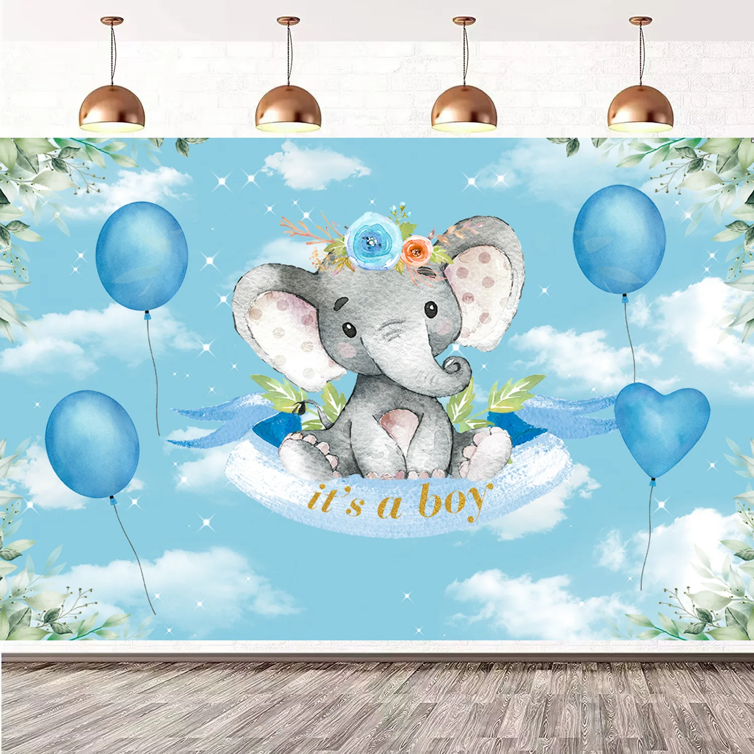 

Its A Boy Blue Viny Party Backdrop for Baby Shower Decorations Photo Background Banner Elephant Cake Table Decor Booth Props