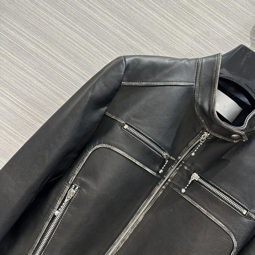 2024 Summer and Autumn New Women's Clothing Make vintage stand up collar jacket and genuine leather jacket 0808