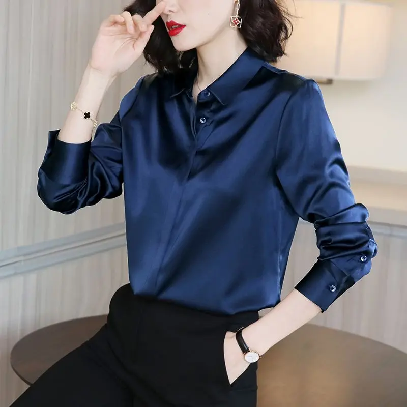 Women High Quality Satin Elegant Formal Shirt Fashion Business Casual Office Lady Basic All Match Blouse Solid Long Sleeve Tops