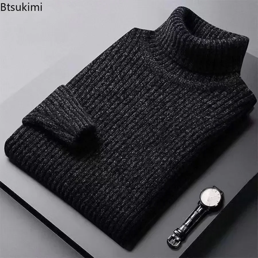 New 2024 Men\'s Thick Warm Sweaters Knitted Casual Winter Thickened Man PulloversHigh Neck Solid Slim Soft Sweaters for Men Tops