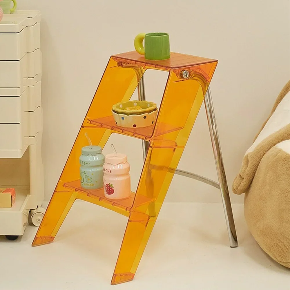 *q forAcrylic Transparent Household Plastic Stepladder Folding Indoor Thickened Herringbone  Storage Three-step Ladder#