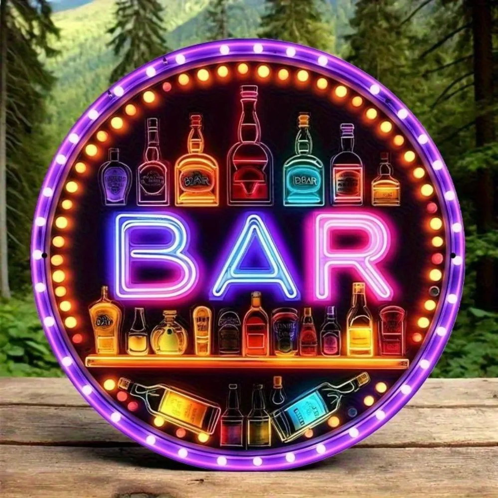 Metallschild im Retro-Stil mit Neonlichtbalken – farbenfrohes Getränkeflaschen-Design |   Rundes Aluminiumschild |   Perfekt für die Strandvilla