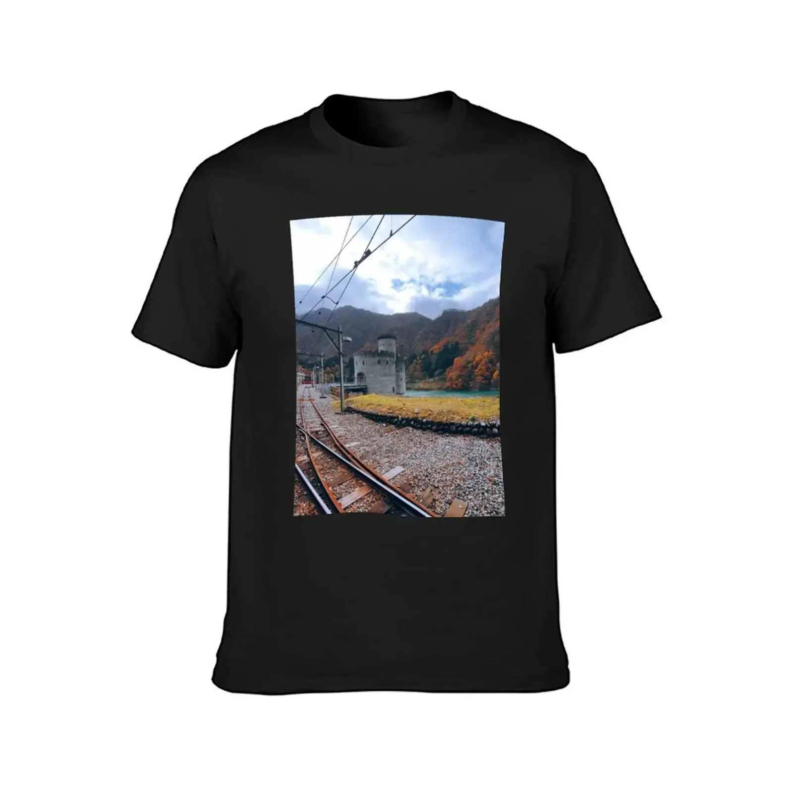 Railway near Kurobe River in Autumn, Unazuki, Toyama Prefecture, Japan T-Shirt sports fans t shirts for men graphic