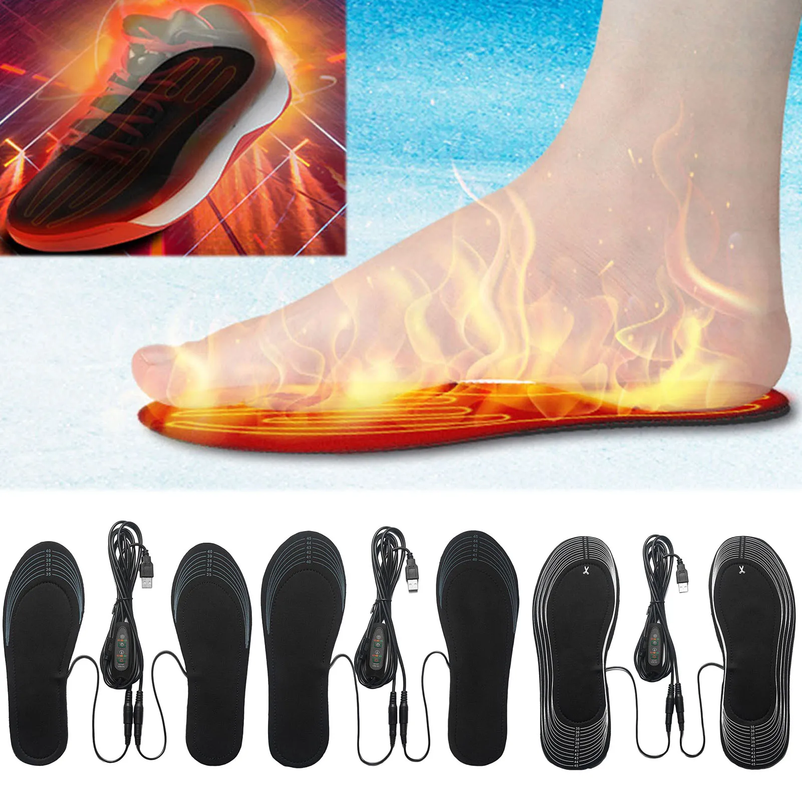 Winter USB Heated Insole Outdoor Sports Hiking Foot Warming Insole 3-Level Heating Insoles Cut-to-Fit Heated Shoe Liners