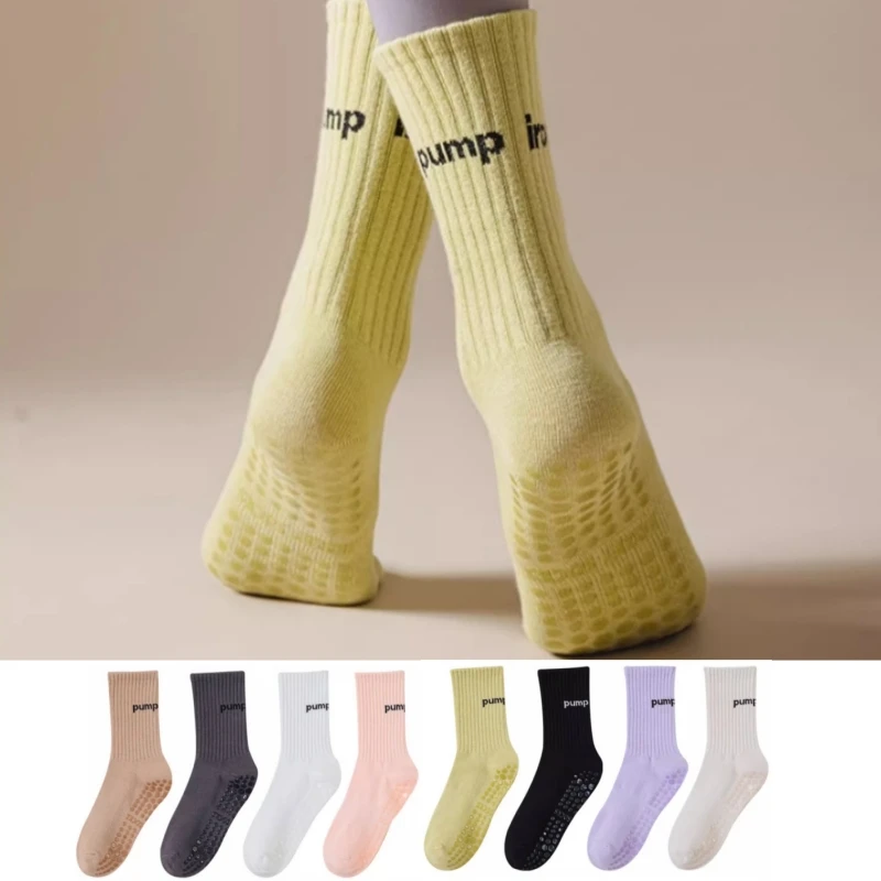 

New Solid Color Letter Printed Cotton Mid-calf Non-slip Sports Socks Women Indoor Dance Gymnastic Fitness Yoga Pilates Socks