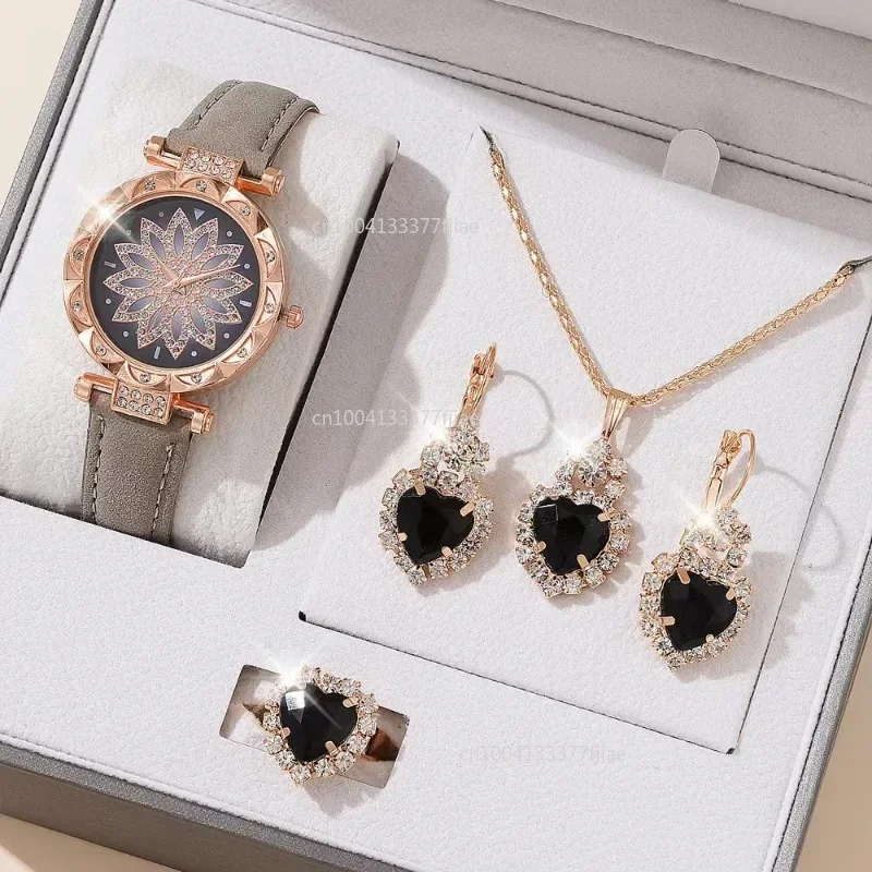 New Rose Gold Luxury Watch Women Ring Necklace Earring Rhinestone Fashion Wristwatch Casual Ladies Bracelet Reloj Mujer