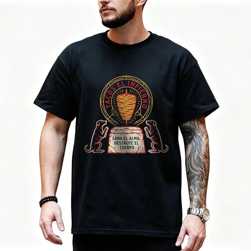 Dogs praying before meat cone Graphic T Shirt 0912 Retro Dark Humor Mexican Culture Halloween Alternative Art Tee