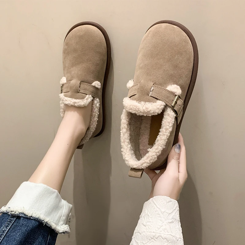 Shallow Mouth Casual Woman Shoe Female Footwear Round Toe Loafers Fur All-Match Autumn Dress New Moccasin Fall Winter Rubber PU