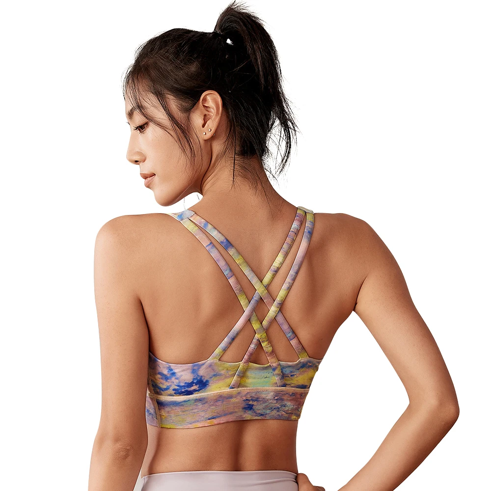 Sexy Printed Sports Bra for Women Crisscross Strappy Polyester Running Gym Exercise Workout Yoga Underwear Fitness Crop Tops XL