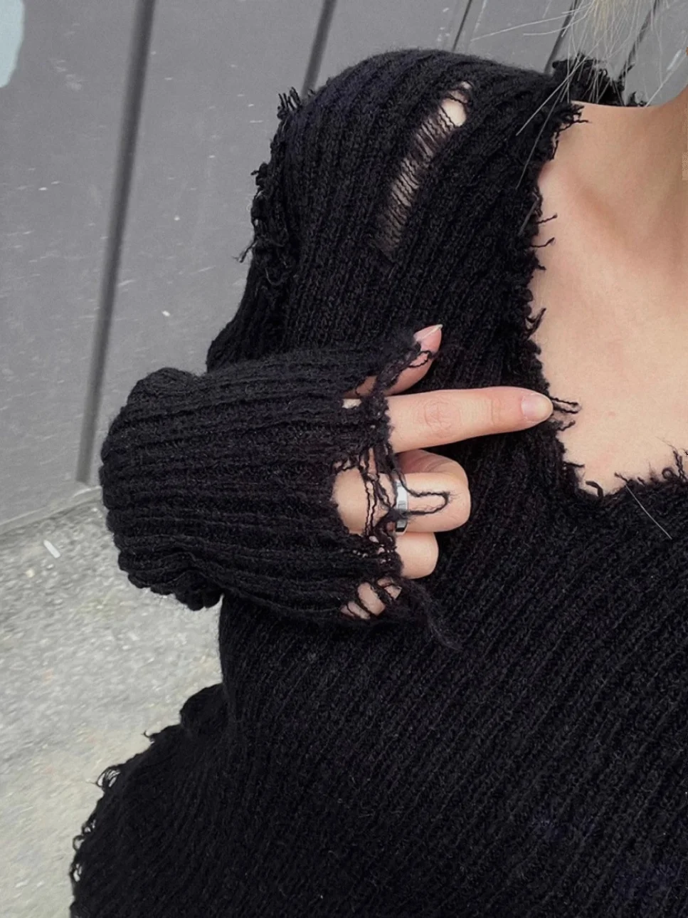 레트로 그레이 니트 스웨터 여성 긴 소매 이너웨어 v 넥 풀오버 봄 가을 겨울 홀 디자인 캐주얼 루즈핏