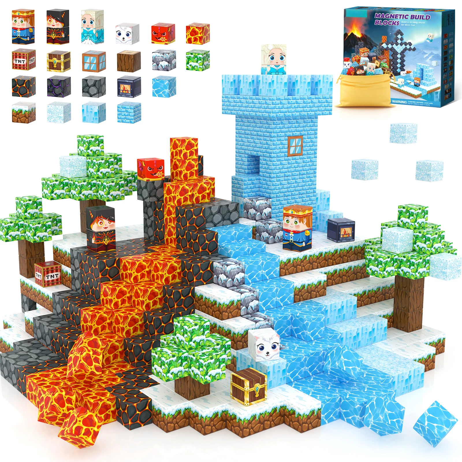 Magnetic Blocks - Build Mine Magnet World Ice Lava Set, Vibrant Colorful Building Blocks with Ultra Magnet Strength for Kids Ages 3-8, STEM Toys Creative Gifts for 3+ Year Old Boys Girls (100PCS/0.8