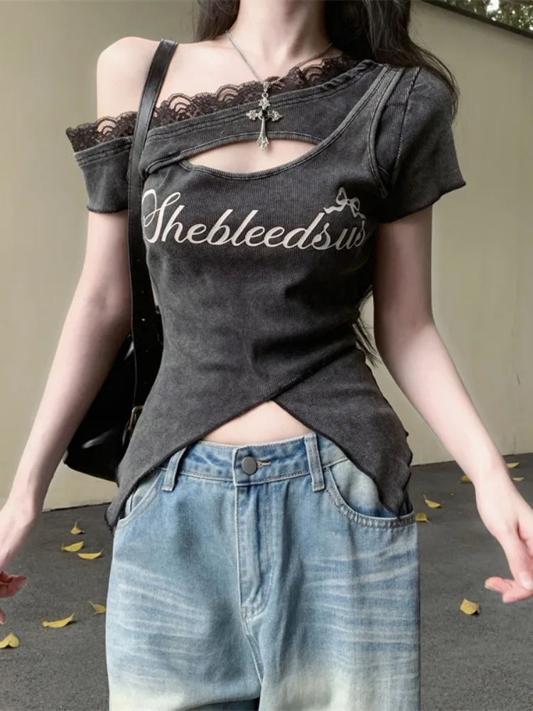 

Slim Fit Short Sleeve T-Shirt Women's Spring Summer Shoulder Bared Side Collar Hollow out Beautiful Design Pure Desirable Swe...