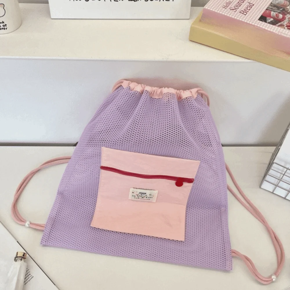 Durable Foldable Mesh Drawstring Backpack Large Capacity Adjustable Straps Mesh Swimming Bag Cosmetic Bags Travel