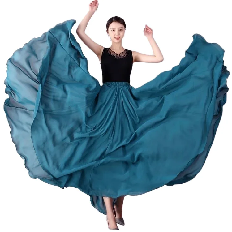 New 720 Degree Dance Skirt Pleated Long Skirt Women's Summer Solid Color High Waist Chiffon Long  Large Swing Skirt Colors