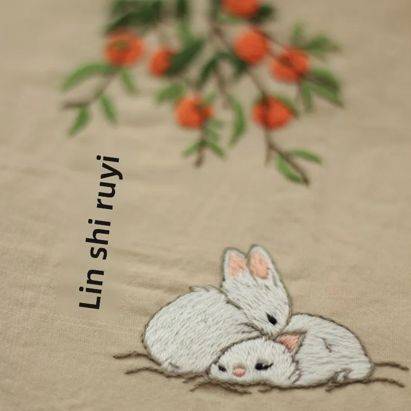 Chinese Style Hanfu Embroidery Handkerchief Diy Kit 100% Cashmere Cute Rabbit Persimmon Pattern Craft Supplies For Holiday Gift