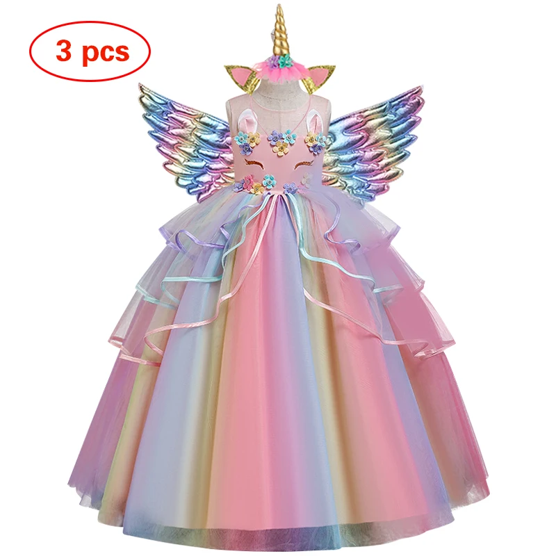 Girl\'s Long Unicorn Rainbow Wedding Party Dress Girl\'s Birthday Party Unicorn Character Dance Performance Dress Three Piece Set