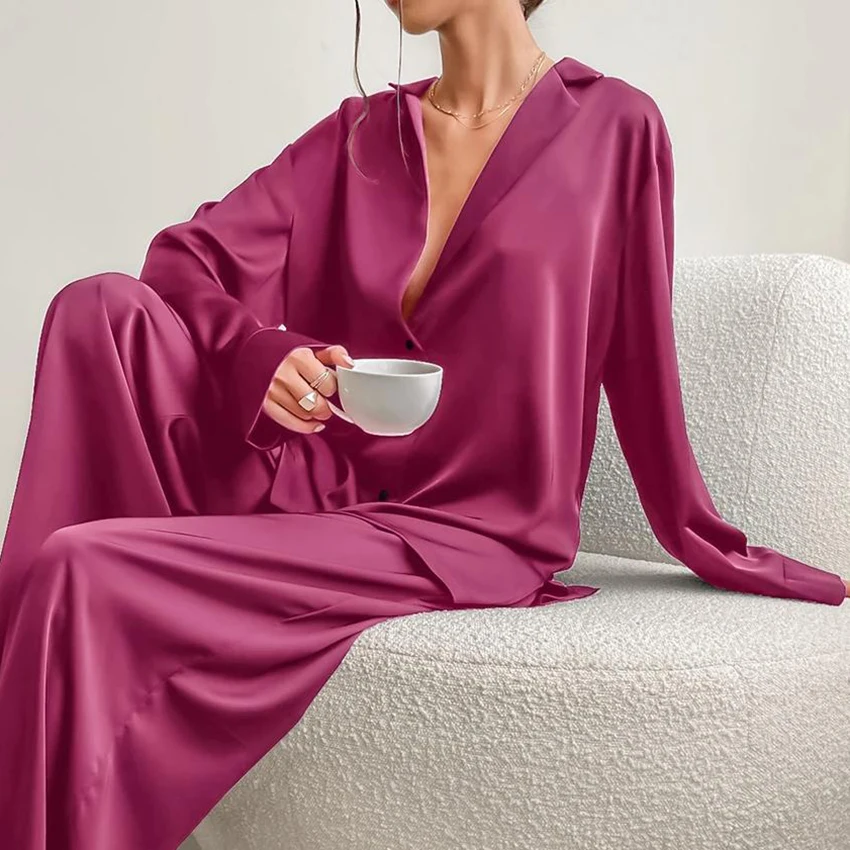 Hiloc Elegant Satin Sleepwear Sexy Low Cut Silk Pajamas For Women Single-Breasted Long Sleeves Wide Leg Pants Trousers Suits