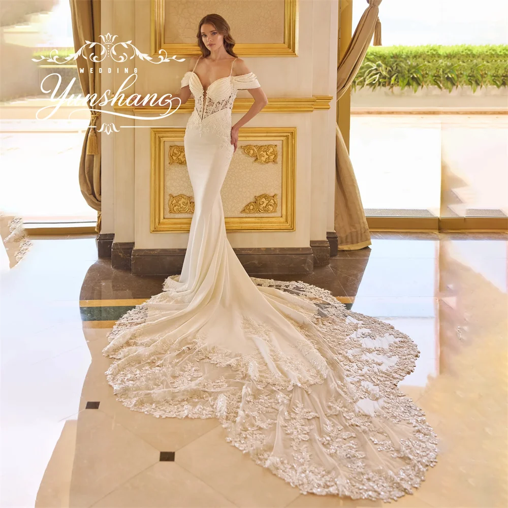 YunShang Customized Beading V-Neck Mermaid Wedding Dress Sweep Train Off Shoudler Appliques Embroidery Sequin Spaghetti Strap