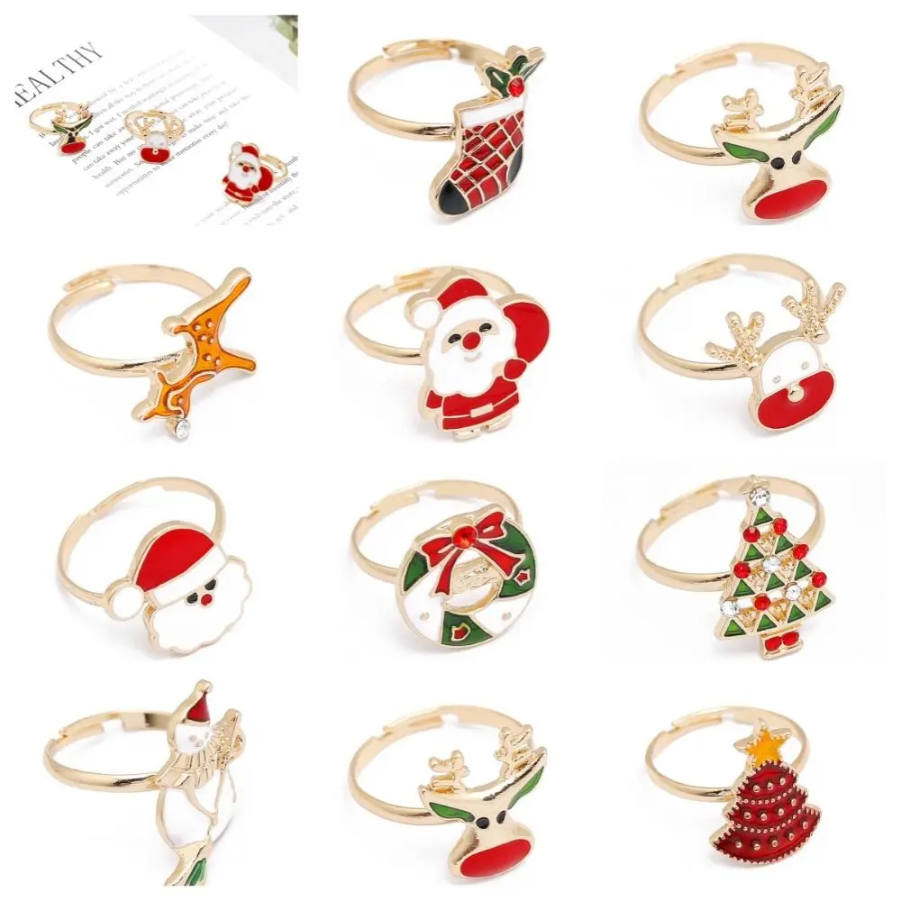 Retro Christmas Tree Christmas Open Ring Dripping Oil Elk Cartoon Lovely Ring Santa Snowman Xmas Jewelry Women