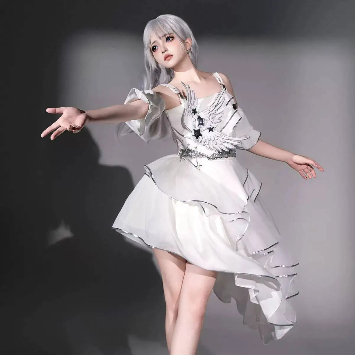 New Silver Wing Cyber Punk Lolita Future Wind Spaghetti Strap Dress Jsk Suit Spring And Summer Fiesta Carnival Halloween Cosplay