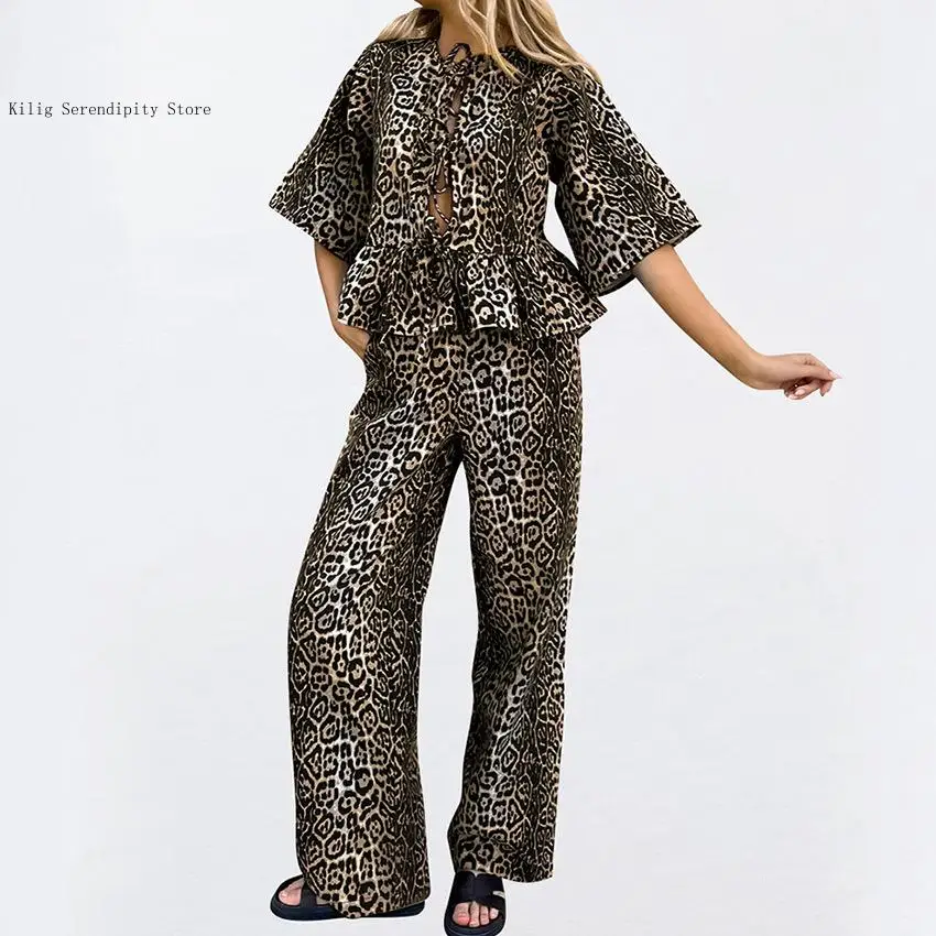 Sexy Leopard Print Round Neck Lace Up Three Quarter Sleeve T-Shirt and Pants Casual Set Spring Summer and Autumn Two-Piece Set